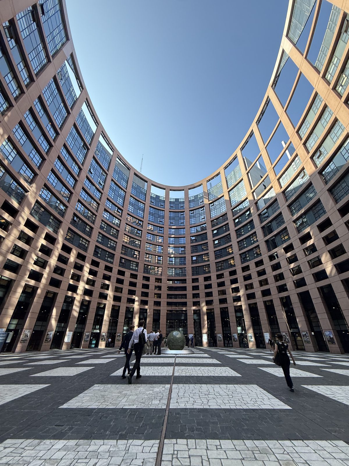 Looking up from the central courtyard of the European Parliament building